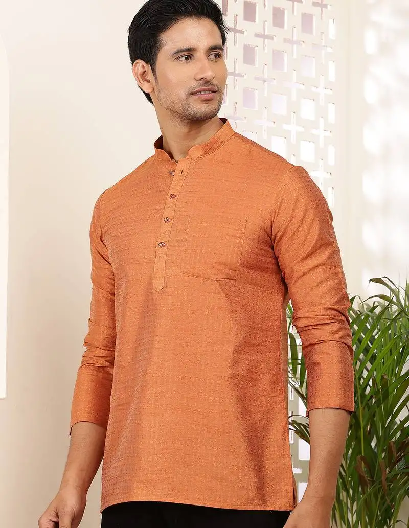 Men rust orange textured viscose blend short kurta with mandarin collar
