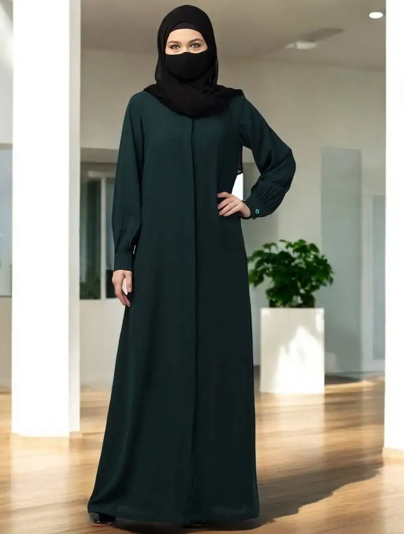 Green front open abaya with cuff & placket
