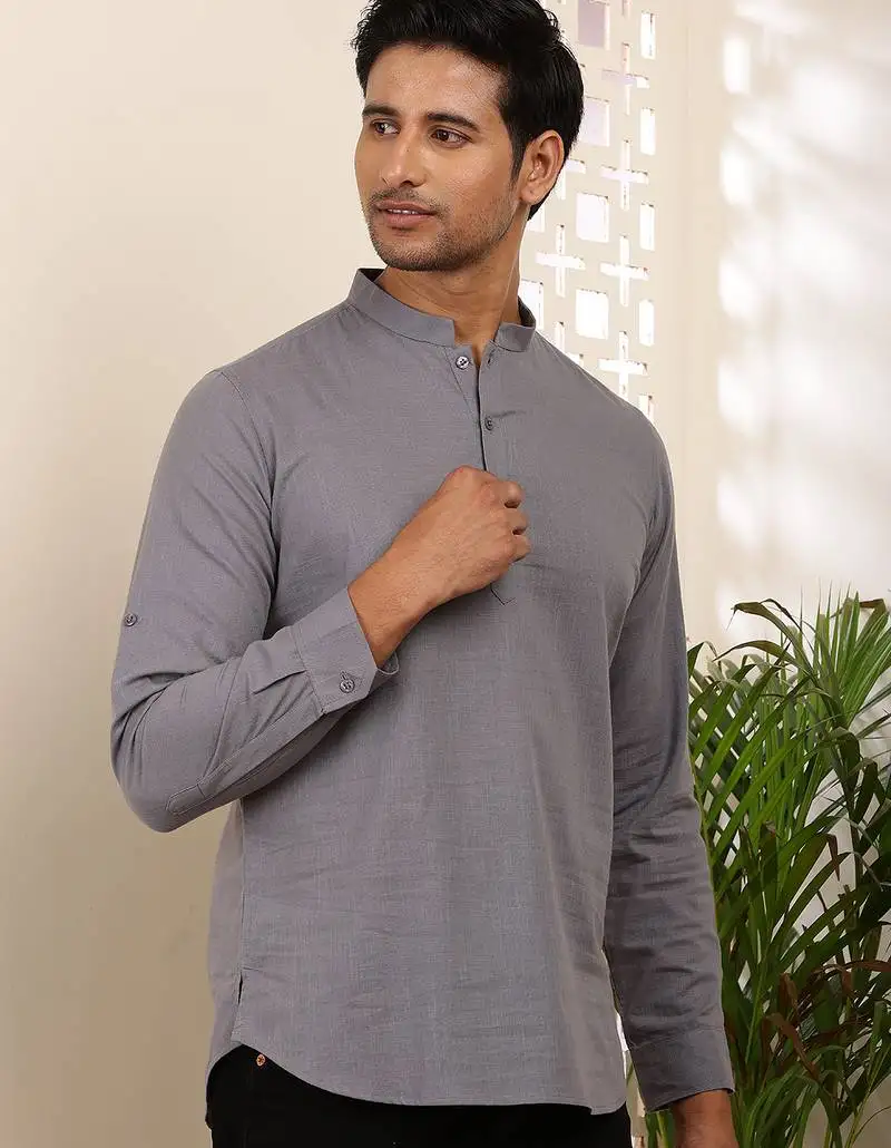 Men's slate grey cotton short kurta with mandarin collar