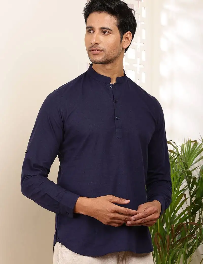 Men's midnight blue cotton blend short kurta with mandarin collar