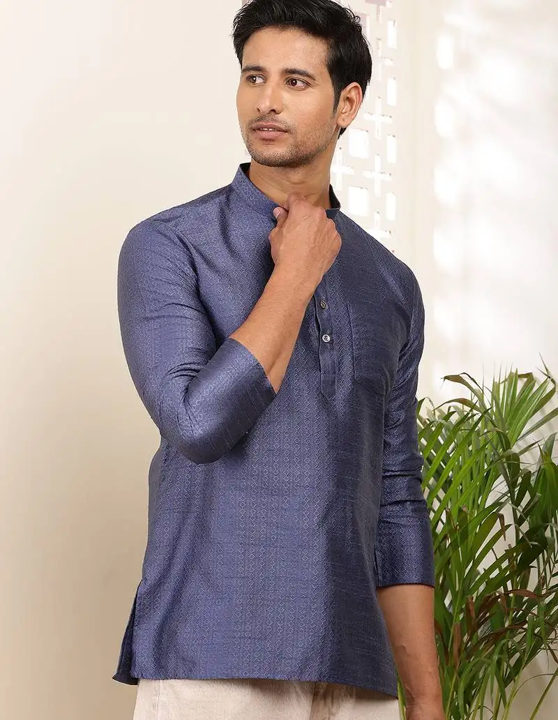 Men's navy blue self-design viscose blend short kurta with mandarin collar