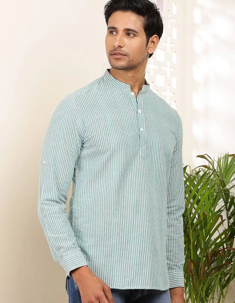 Men's mint green & white striped cotton short kurta with mandarin collar