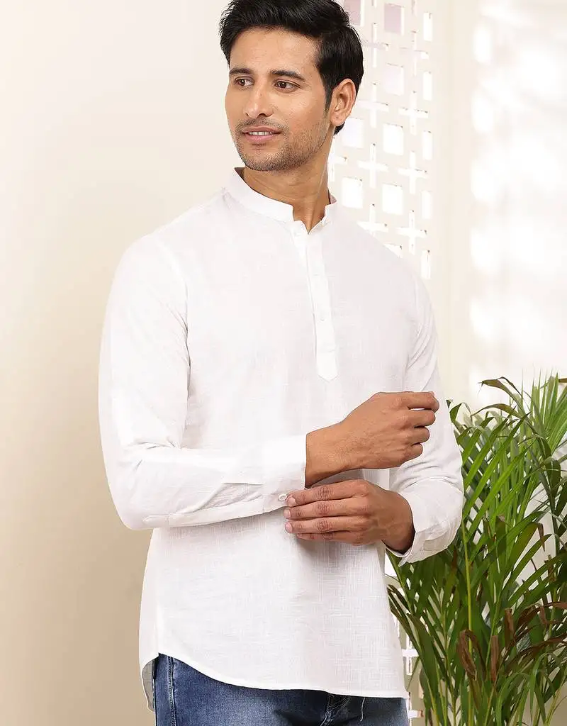 Men's white cotton short kurta with minimal graphic design