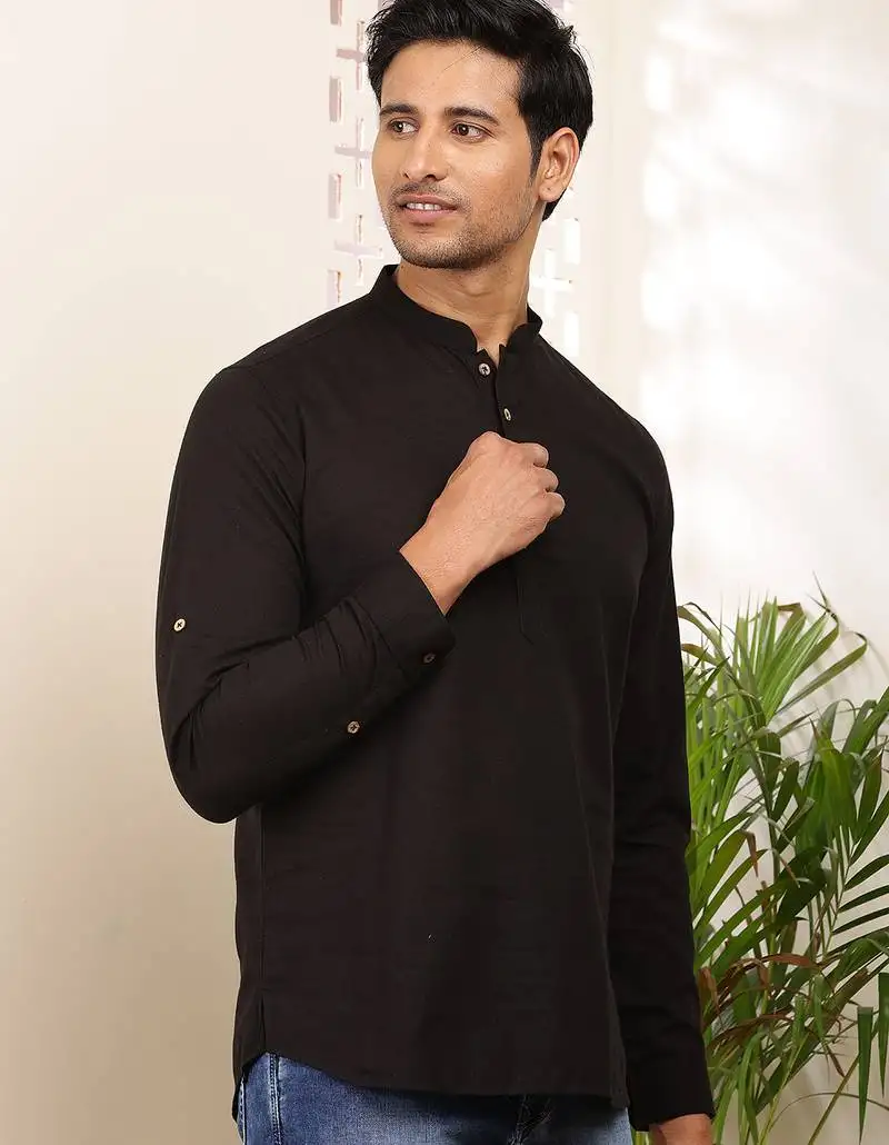 Men's black cotton short kurta with modern graphic print