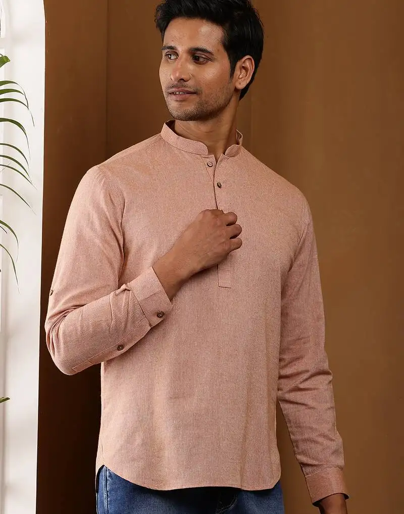 Men's peach solid cotton short kurta with mandarin collar