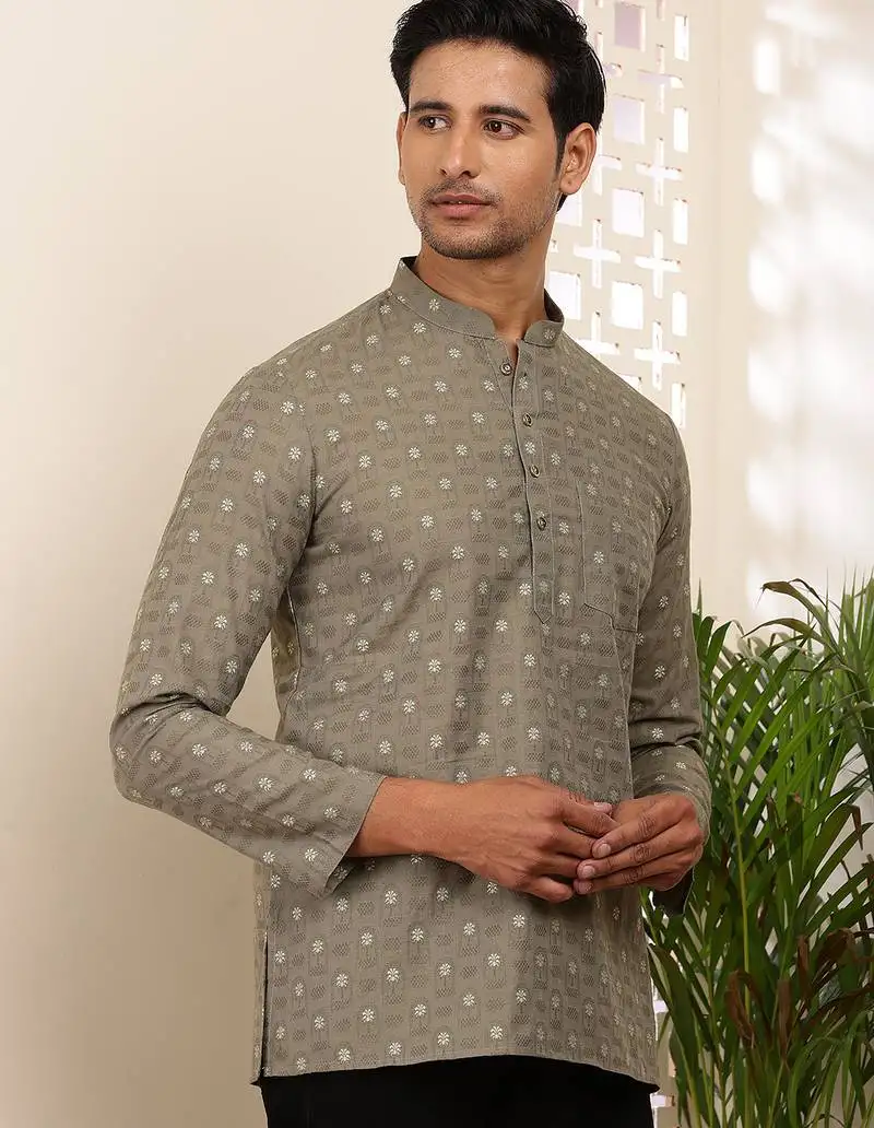 Men olive cotton short kurta with embroidered motifs and mandarin collar