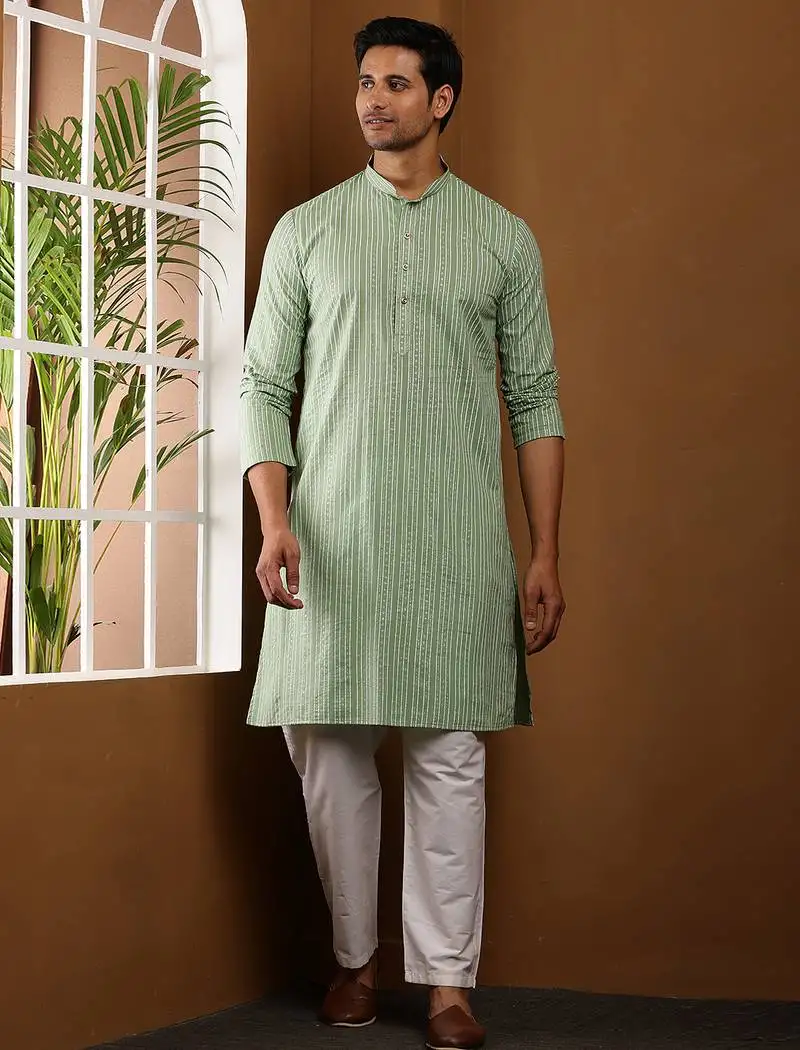 Men's light green printed viscose blend long kurta for festive wear