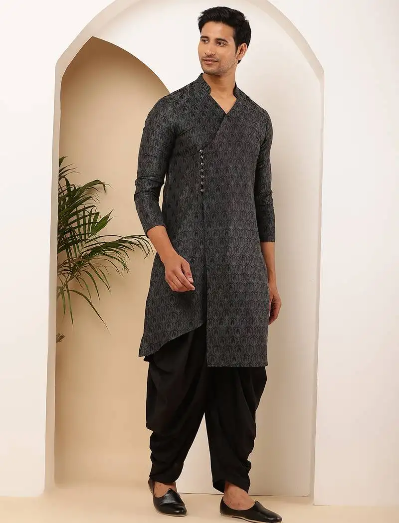 Men's black textured viscose blend long kurta for weddings