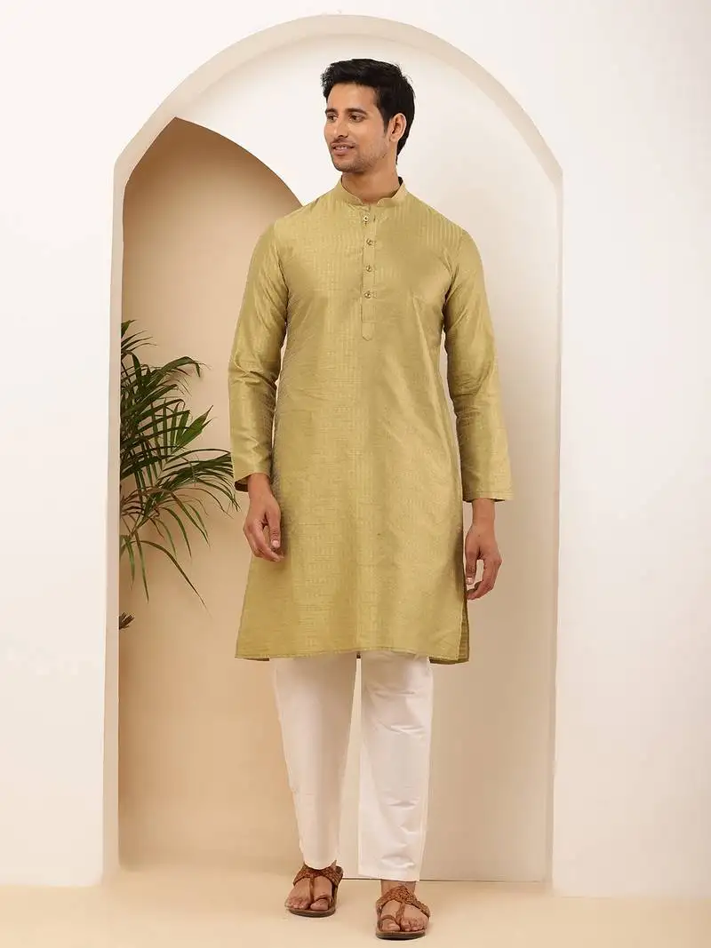 Men's light olive viscose blend kurta with self-design and mandarin collar