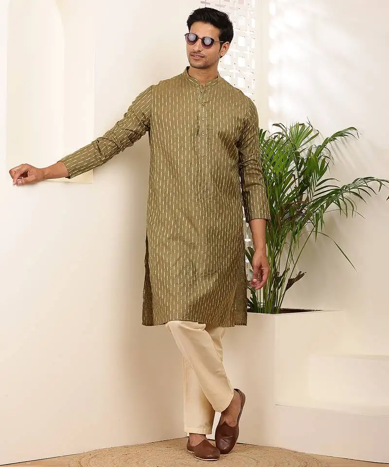 Men's olive green cotton kurta with subtle self-texture
