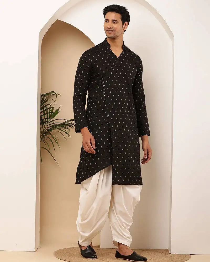 Men's black printed cotton kurta with traditional motifs