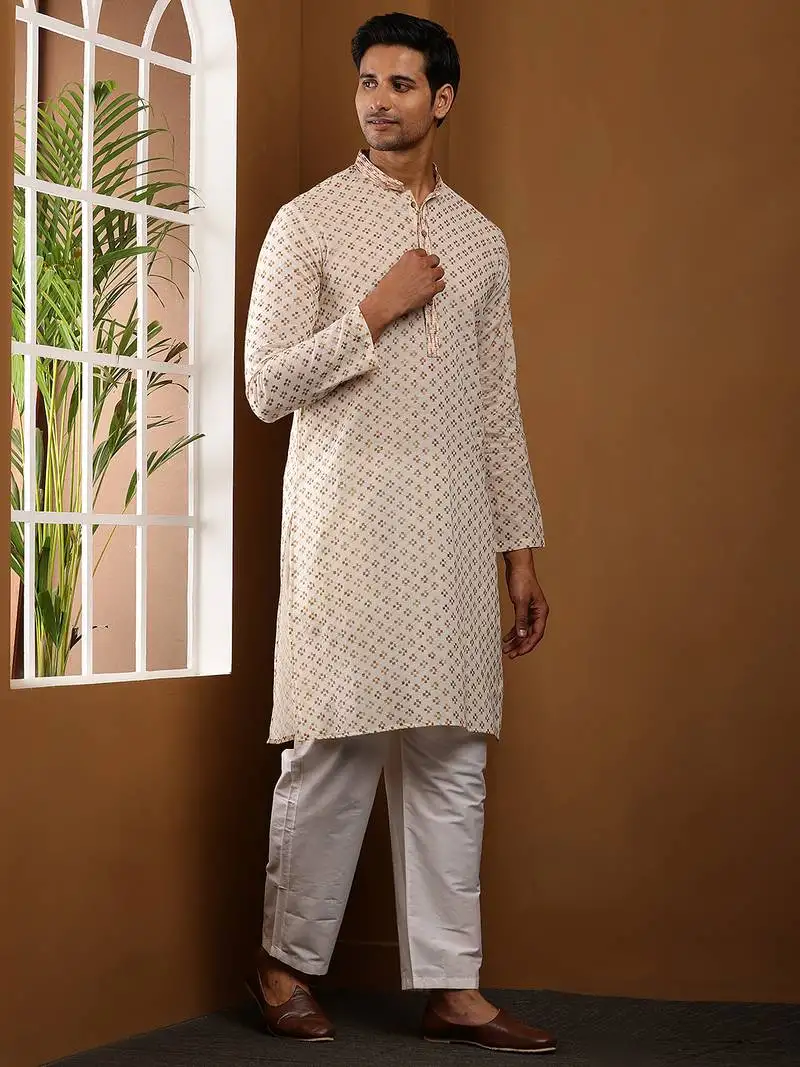 Men's beige viscose blend kurta with straight hem and minimal print