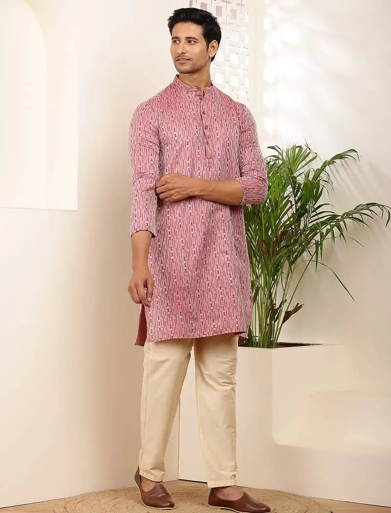 Men's pink printed viscose blend kurta for festive occasions