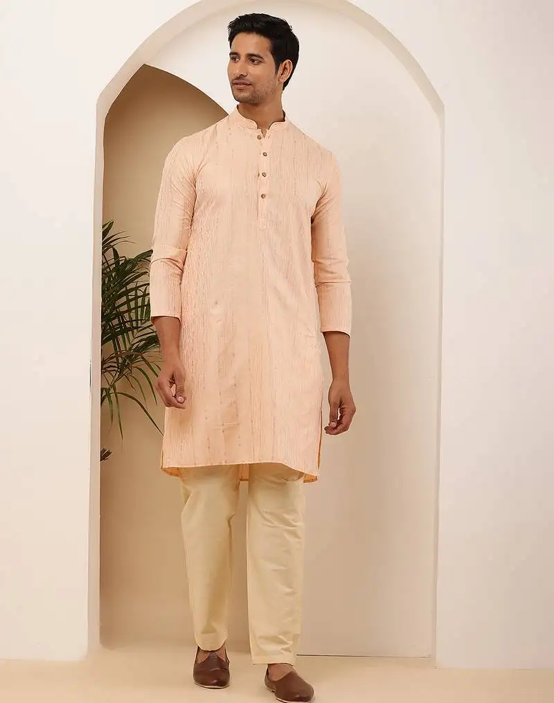Men's coral peach viscose blend kurta with mandarin collar