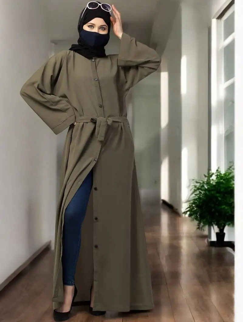 Dark pista front open abaya with kimono sleeves & belt