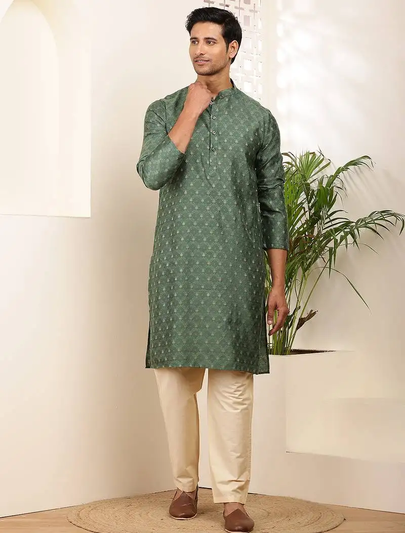 Men's dark green cotton kurta with floral print design