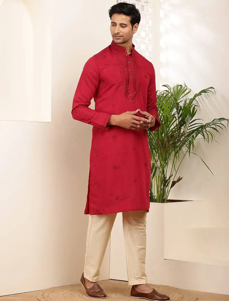 Men's red cotton kurta with embroidered neckline