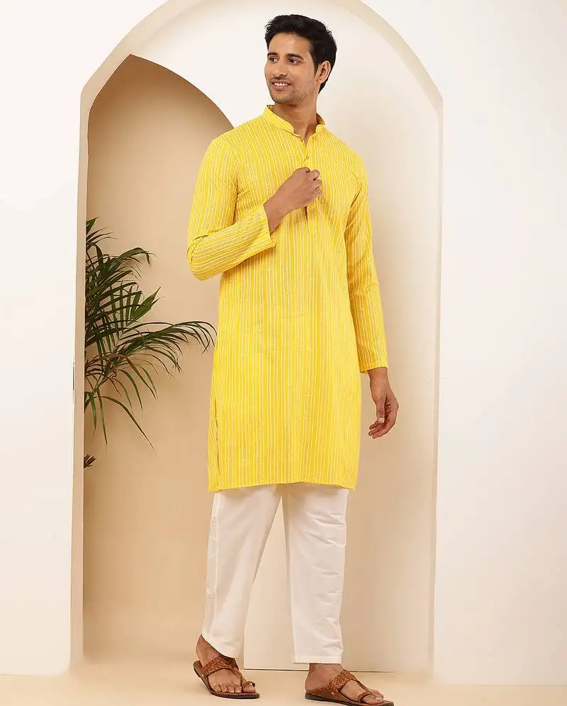 Men's bright yellow viscose blend kurta with traditional look