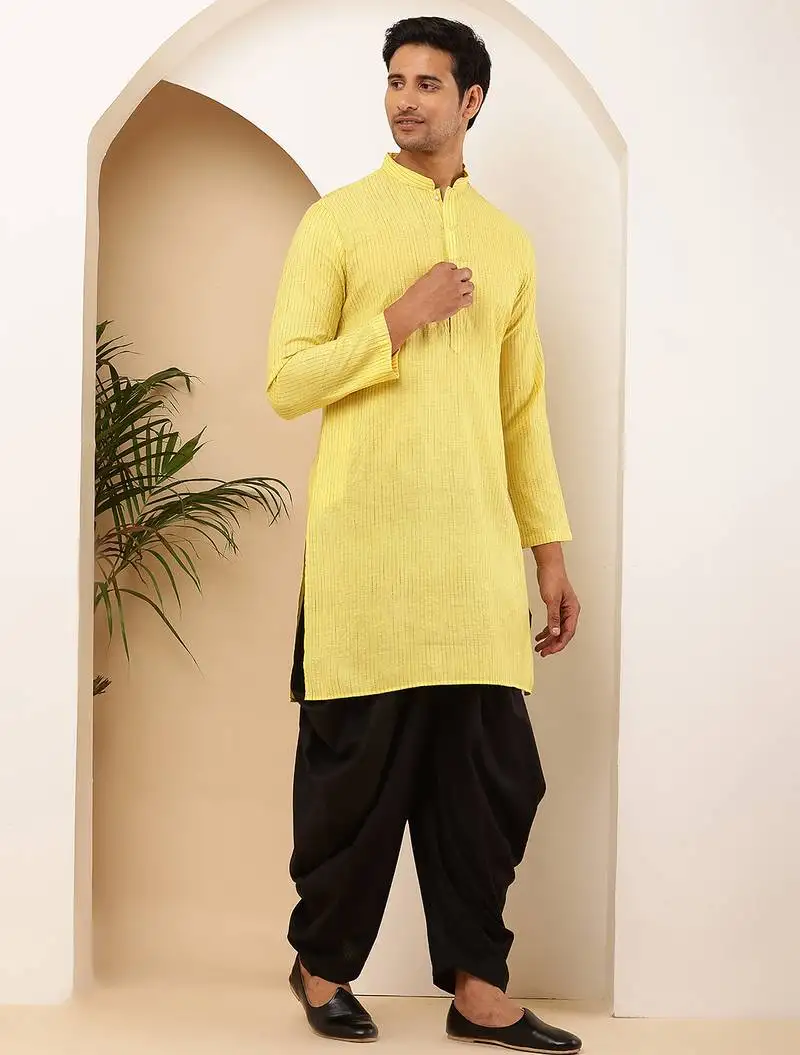 Men's bright yellow viscose blend kurta with solid finish and mandarin collar