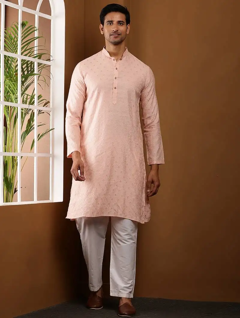 Men's salmon peach viscose blend kurta with classic cut