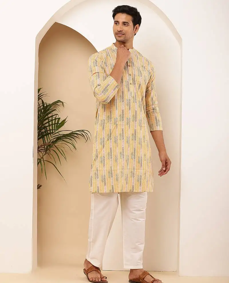 Men's beige cotton kurta with all-over traditional motifs
