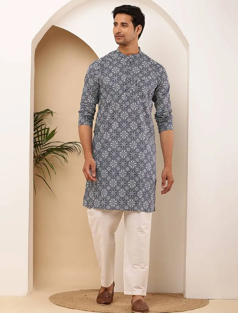 Men's steel blue viscose blend kurta with subtle texture