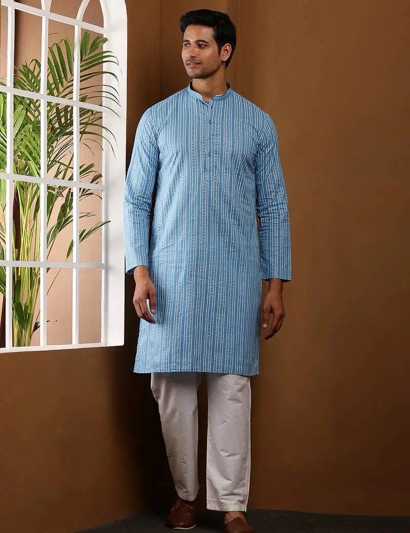 Blue printed long kurta for men with white pyjama cotton traditional wear