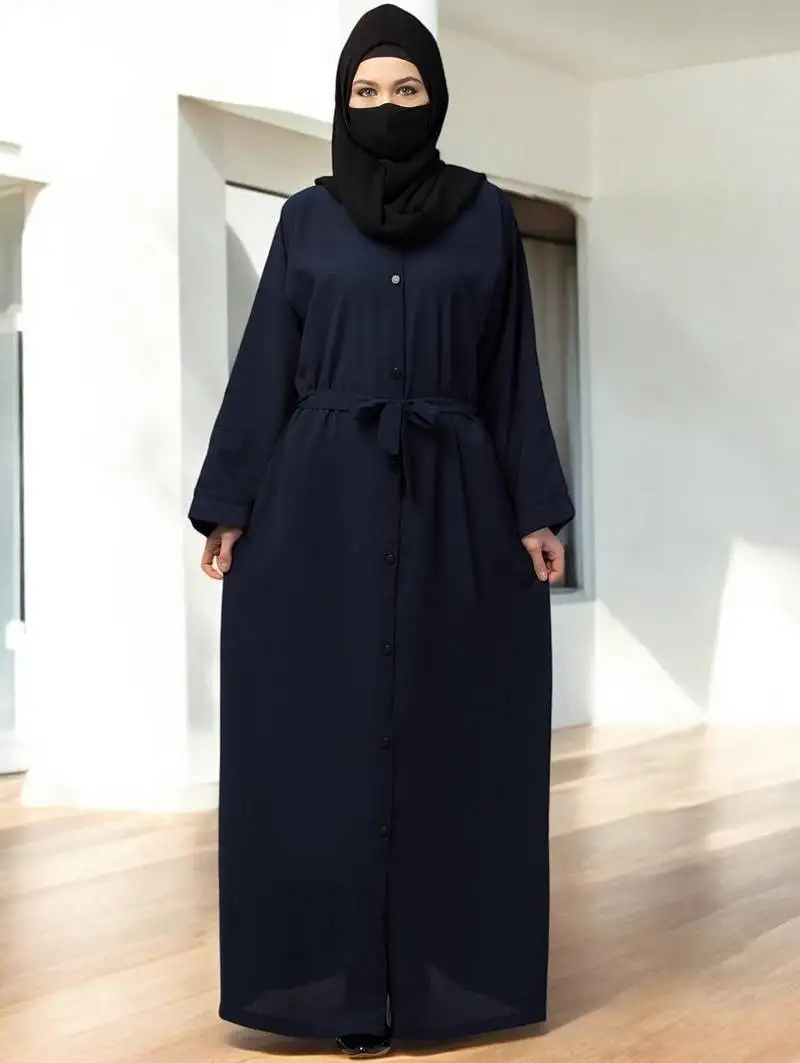 Navy-blue front open abaya with kimono sleeves & belt