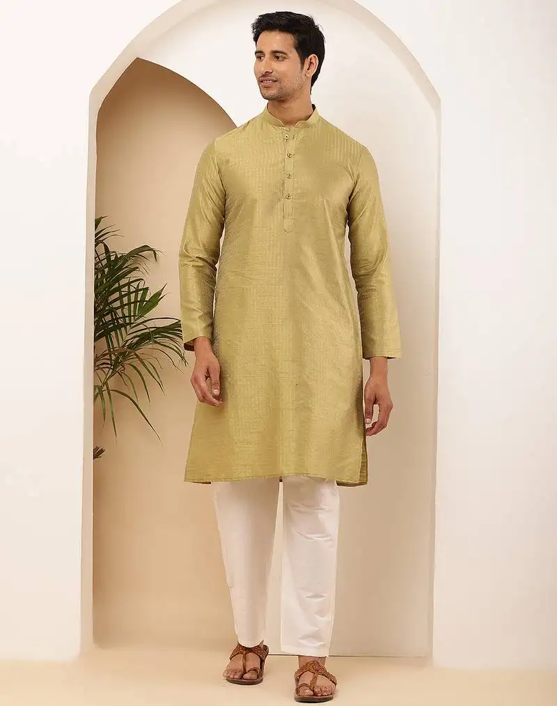 Golden silk blend kurta with white churidar for men   wedding & festive outfit