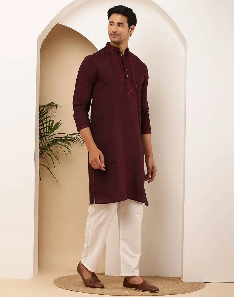 Elegant maroon kurta for men with white pyjama   festive & wedding outfit