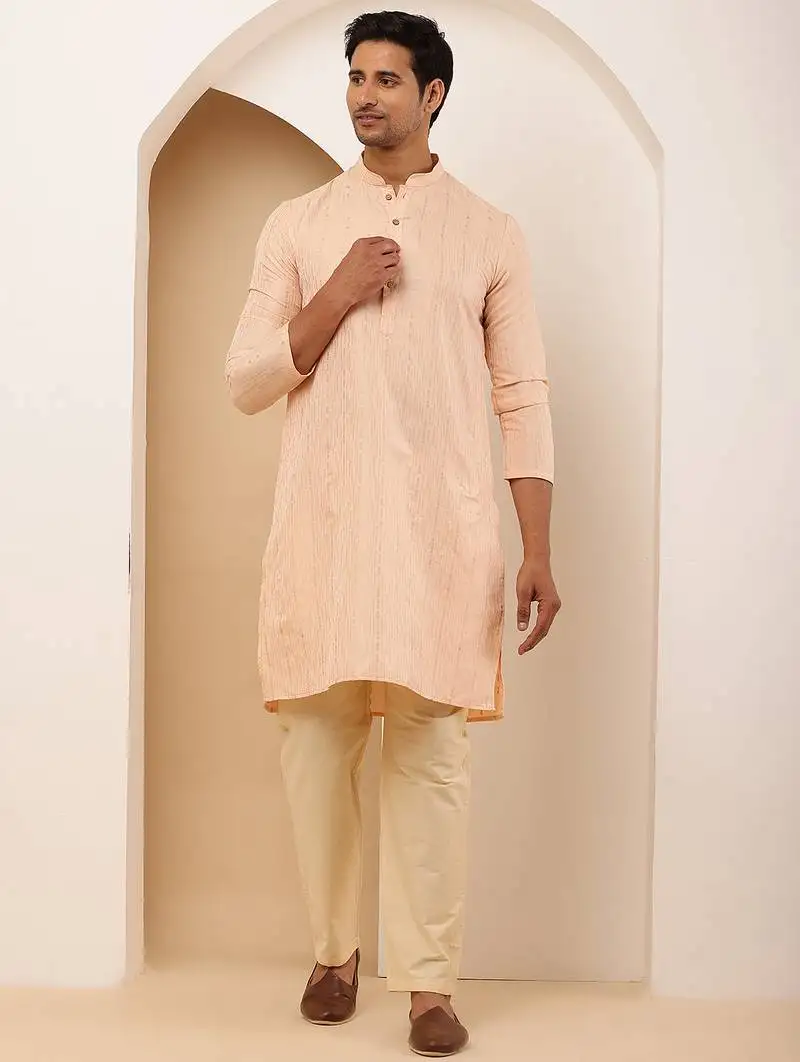 Men peach embroidered kurta with beige pyjama set