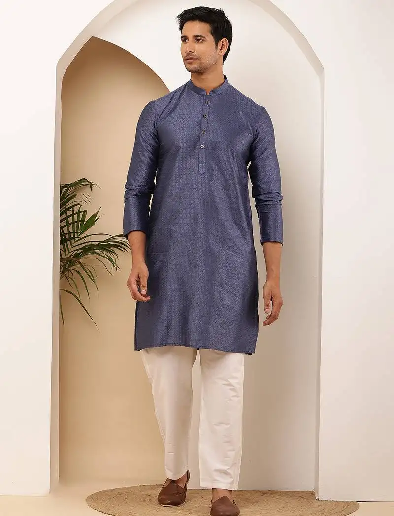 Men navy blue textured kurta with white pyjama set