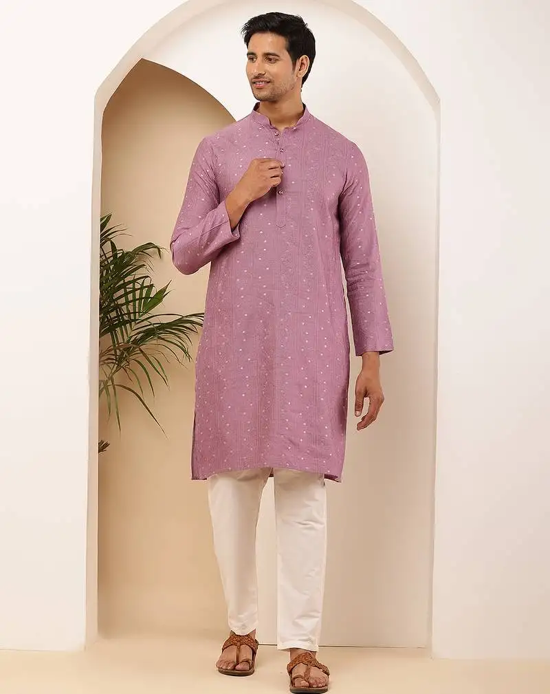 Men purple embroidered kurta with white pyjama set