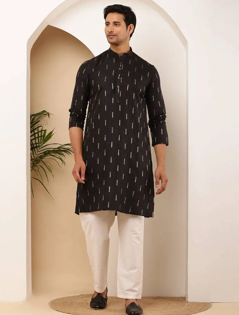 Men's black printed straight kurta with white churidar