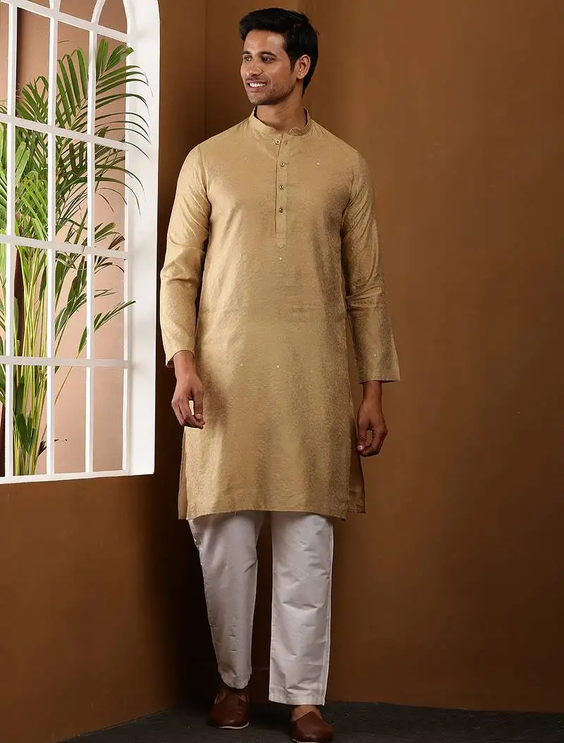 Men's beige jacquard festive kurta with white churidar
