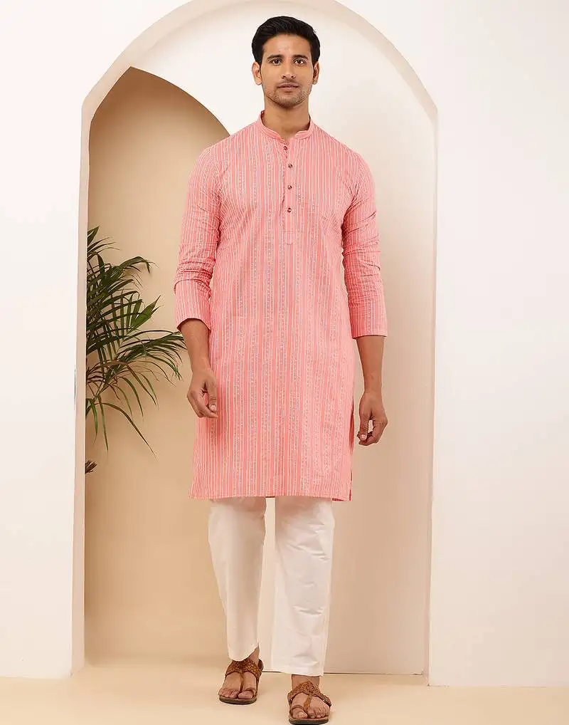 Men's pink printed cotton kurta with white churidar