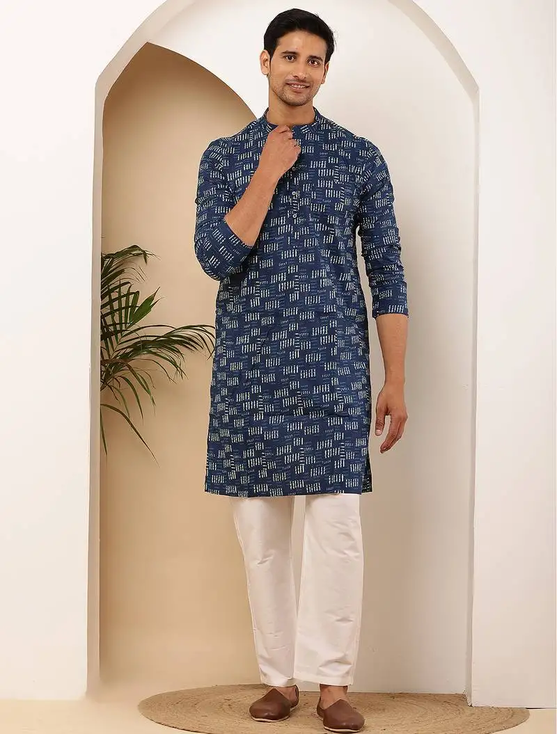 Men s navy blue ikat printed cotton kurta with white pajama set
