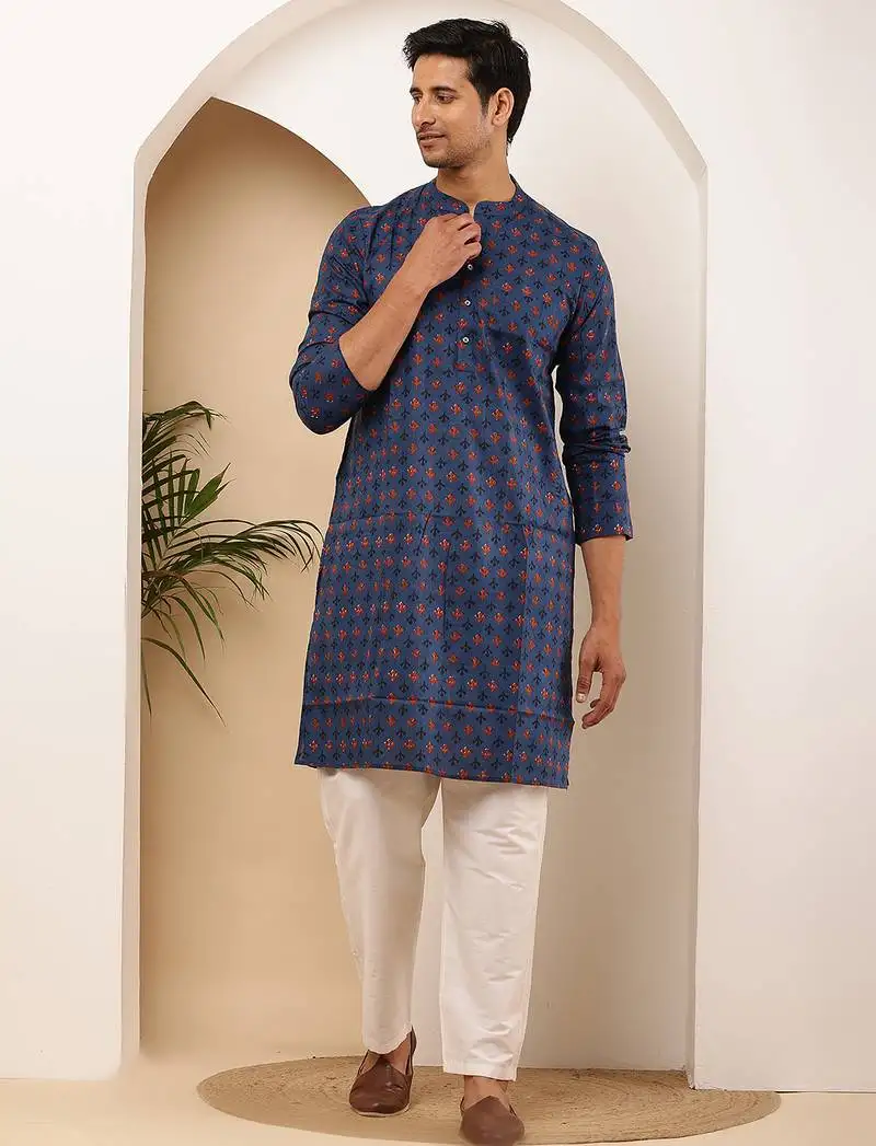 Men s navy blue handblock printed cotton kurta with white pajama