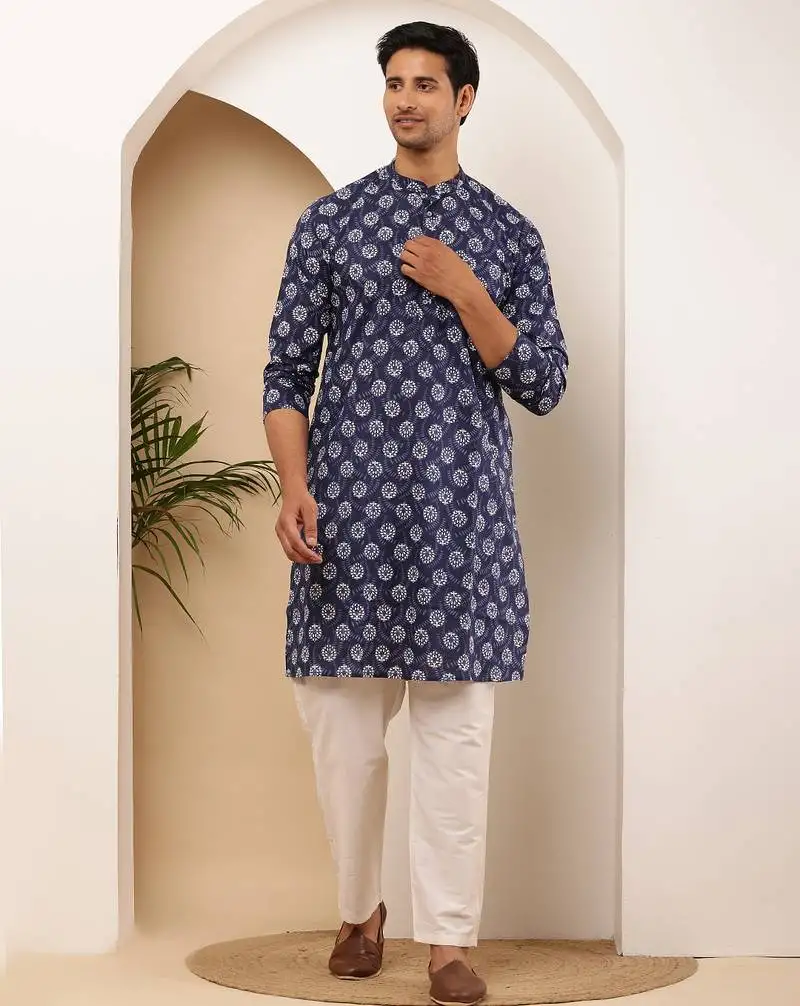 Men s navy blue floral block printed cotton kurta with white pajama set
