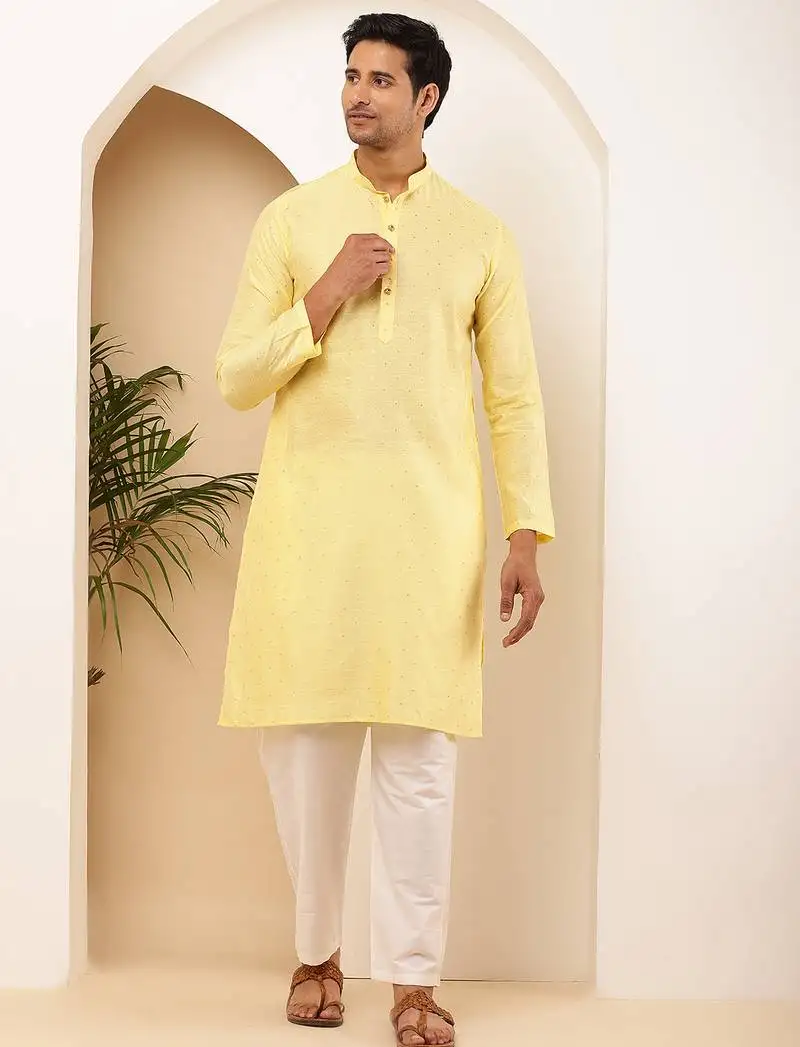 Men s light yellow self-textured viscose blend kurta with white pajama set