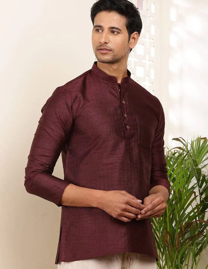 Men's maroon viscose blend short kurta