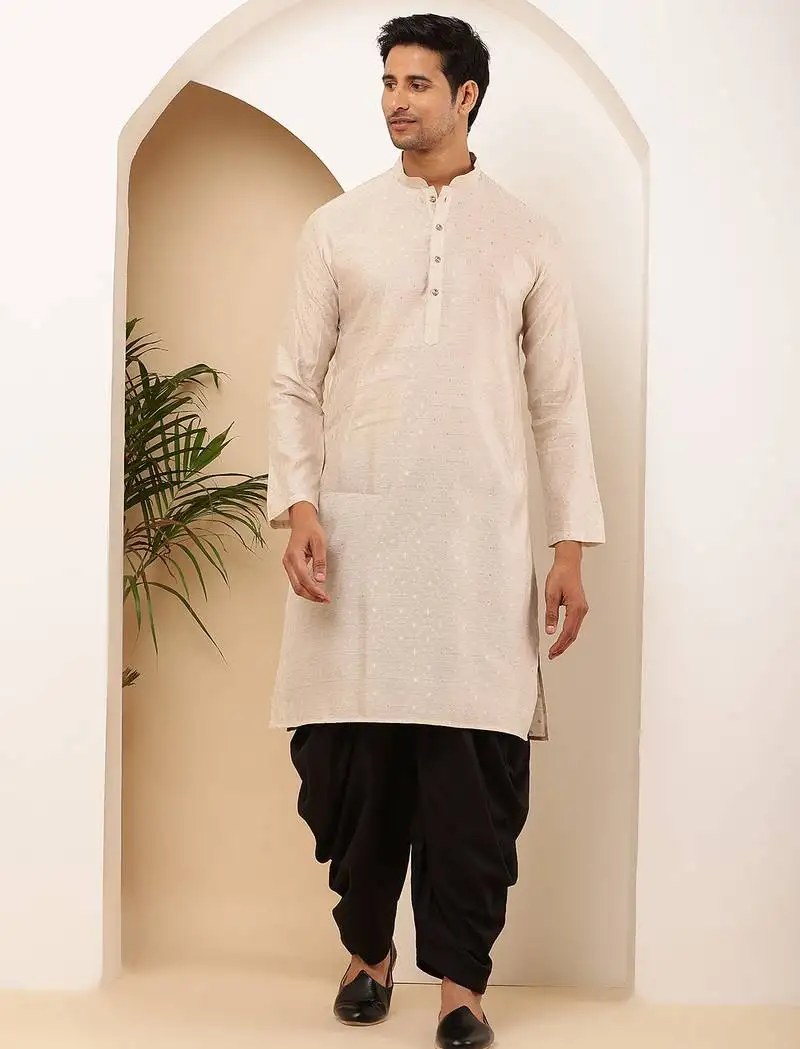 Men beige textured straight kurta with black dhoti pants set