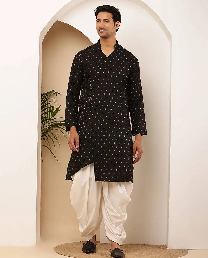 Men black printed straight kurta with white dhoti pants set