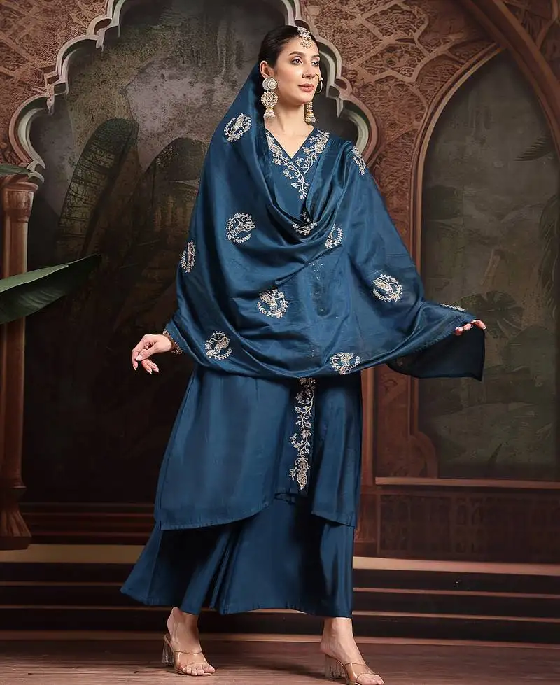 Teal blue silk blend dori embroidery angrakha kurta set with divider palazzo