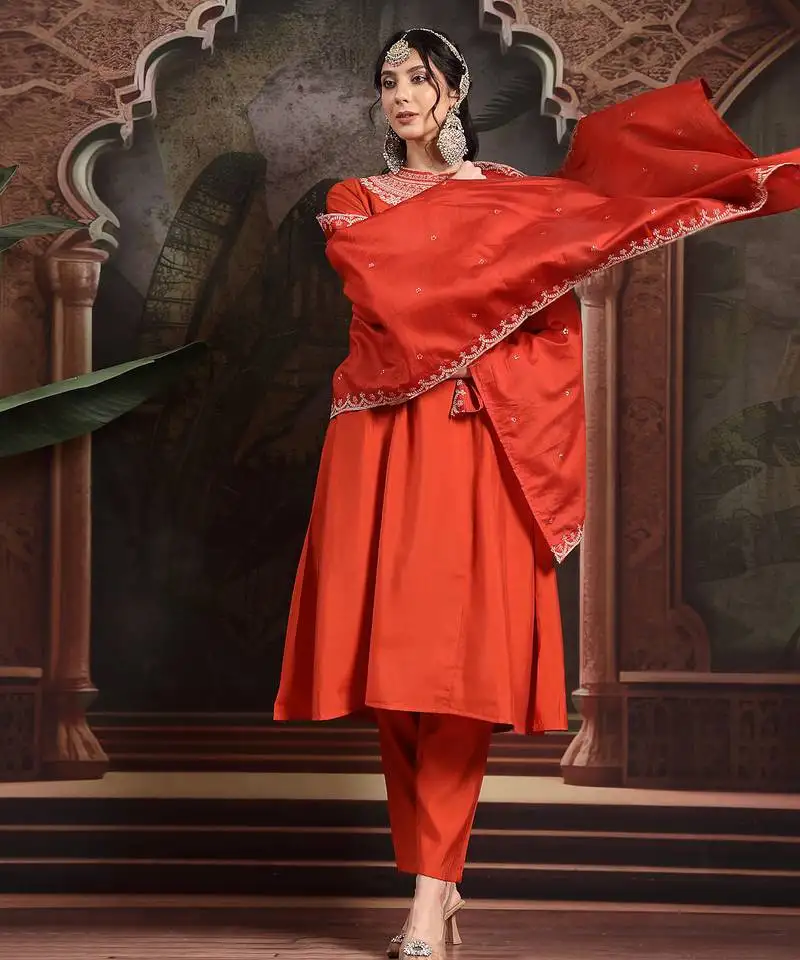 Orange silk blend kurta dupatta pant set