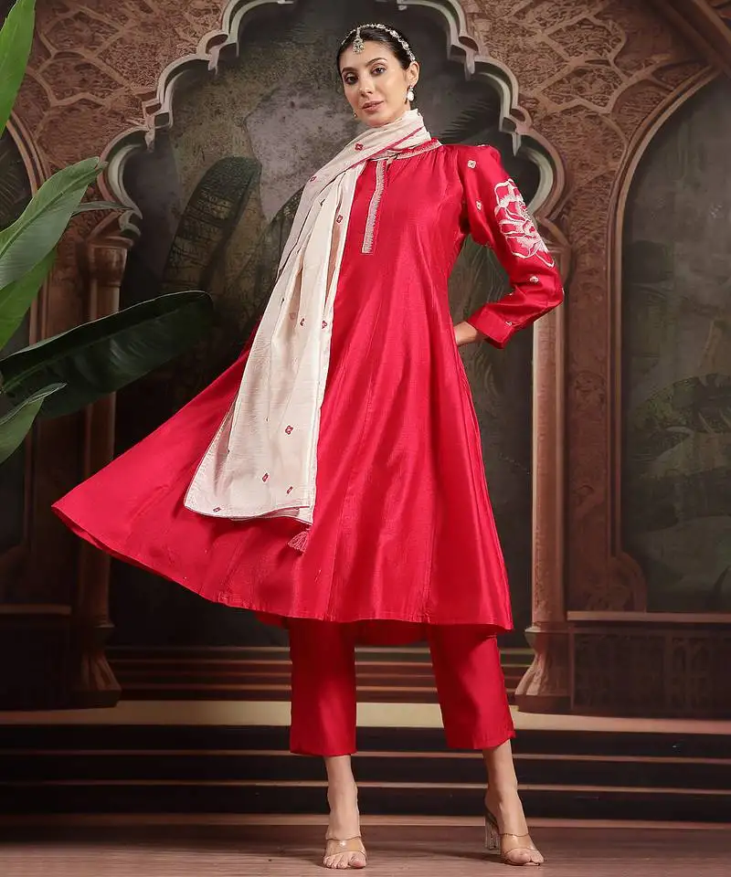 Pink dori embroidery a-line kurta trouser dupatta set