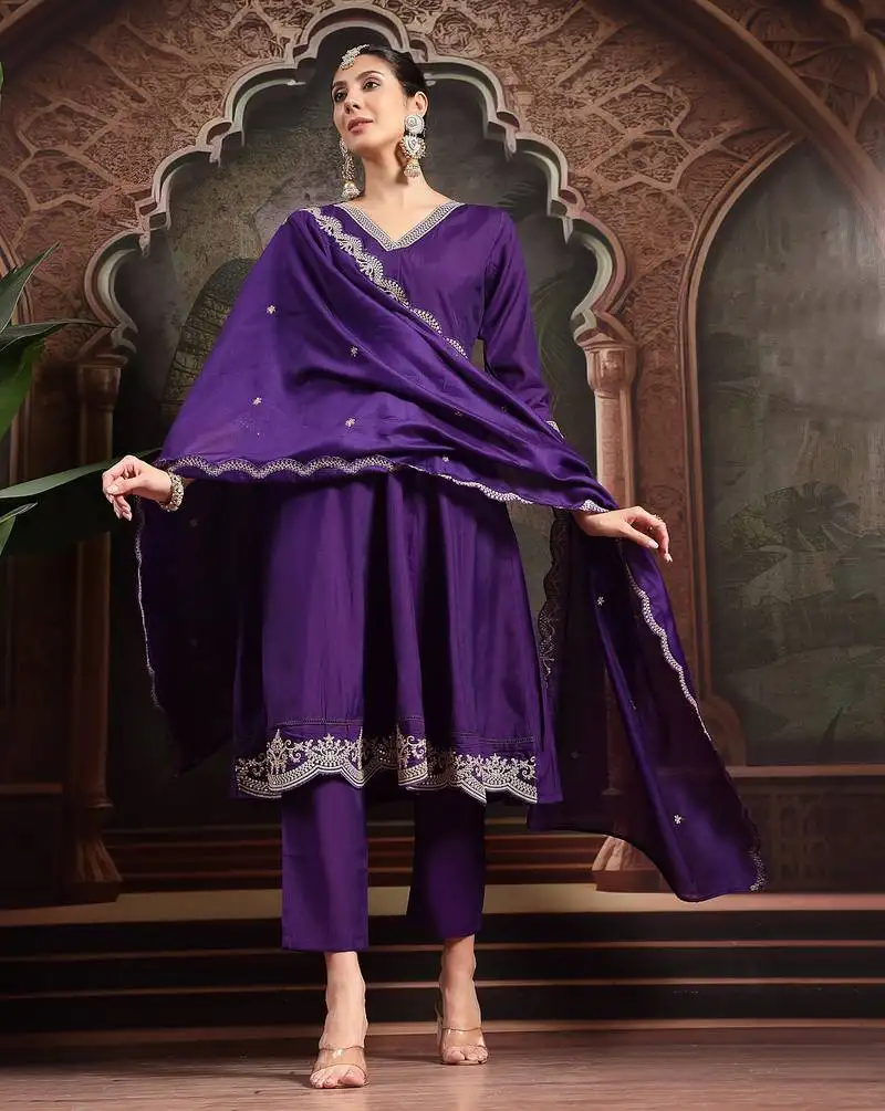 Purple embroidered a-line kurta trouser dupatta set