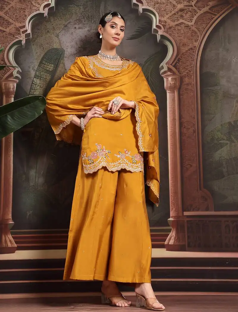 Yellow silk blend embroidered straight kurta dupatta palazzo set