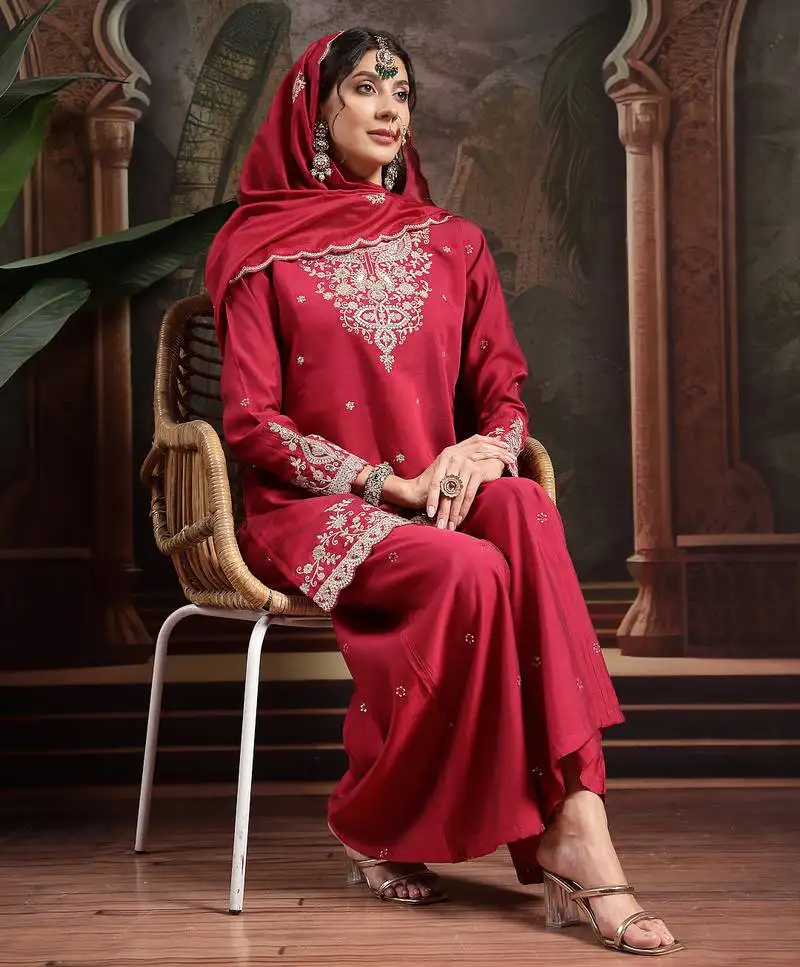 Pink embroidered straight kurta palazzo dupatta set