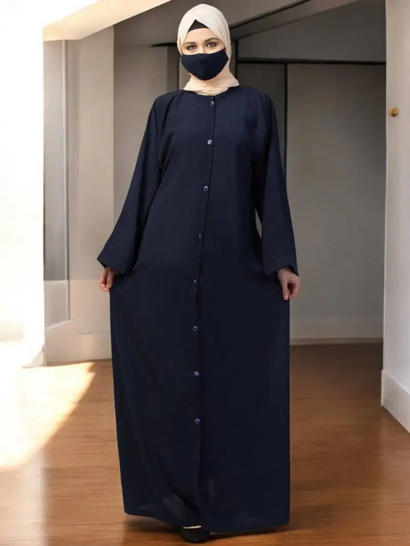 Navy-blue front open abaya with kimono sleeves